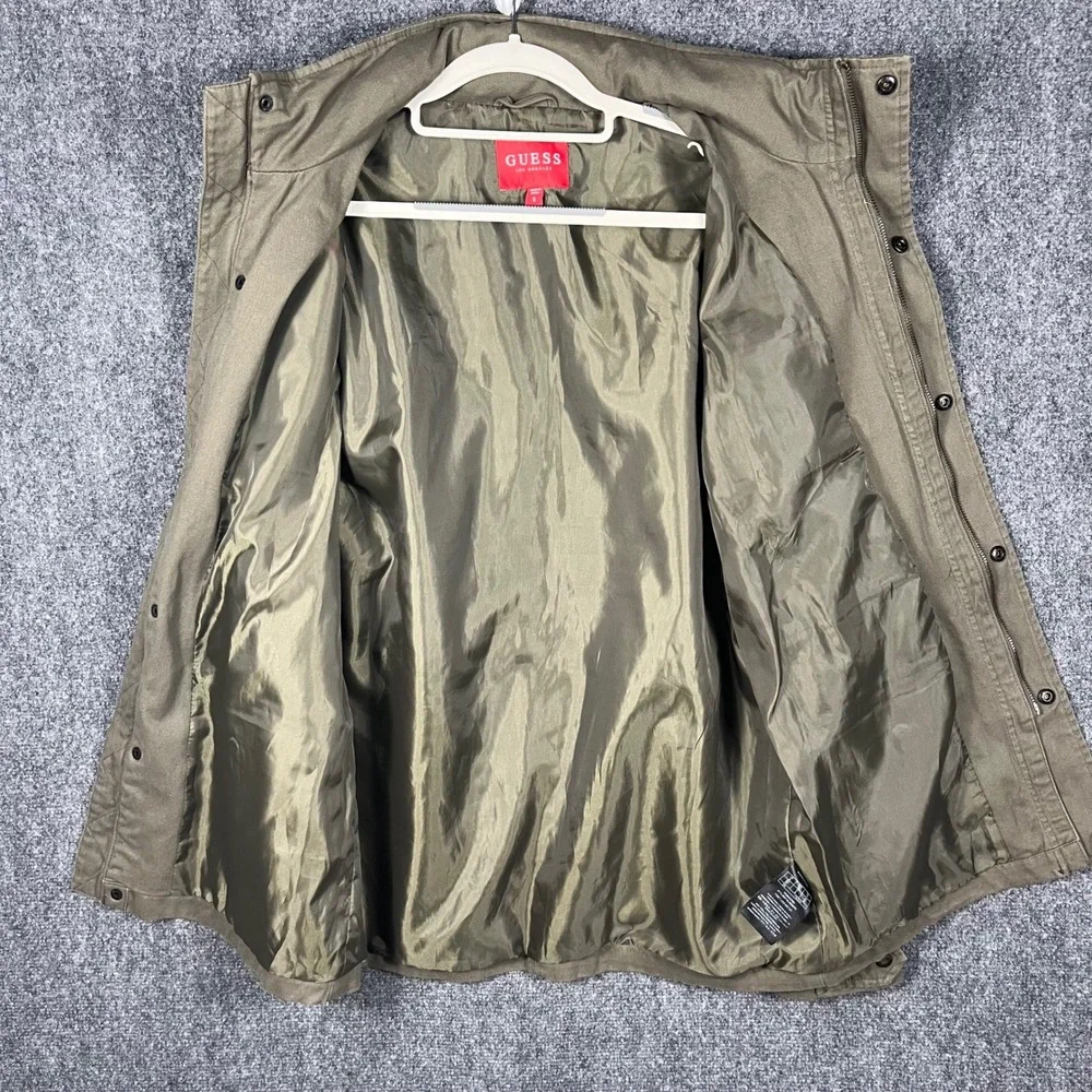 Guess Field Jacket Mens Small Olive Green Military Utility Packable Hood Cotton